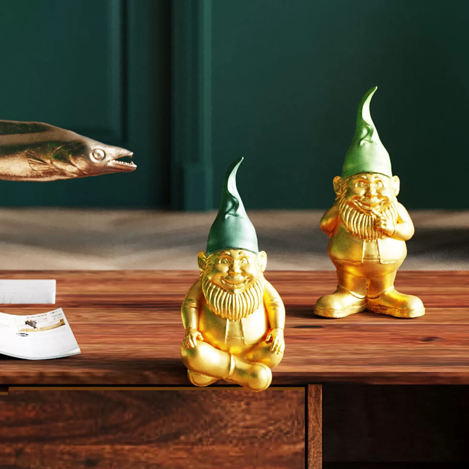 Flash Sale Decofiguur Dwerg Zittend Goud Groen 19Cm Decoratieve Beelden